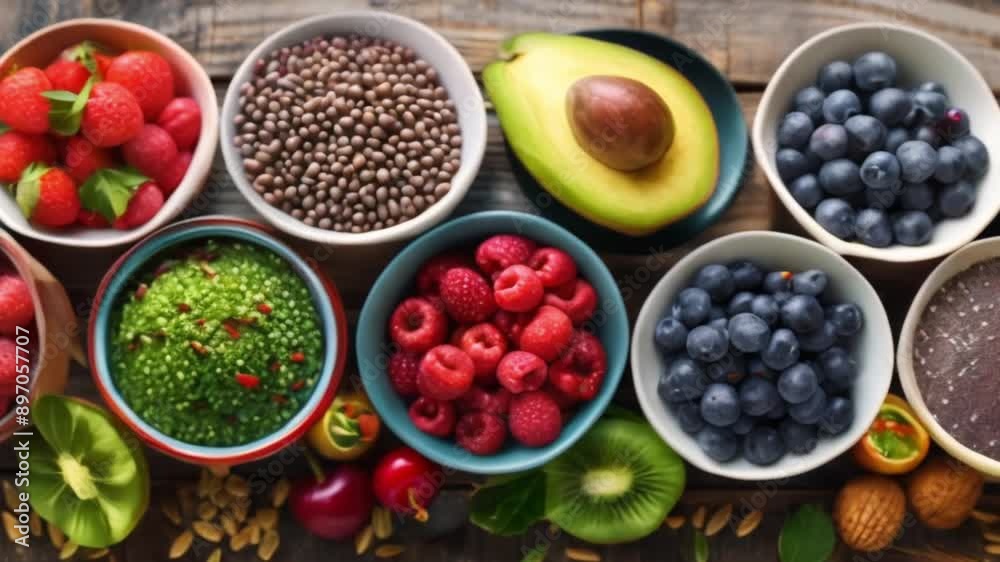 Selection of healthy food. Superfoods, various fruits and assorted berries, nuts and seeds