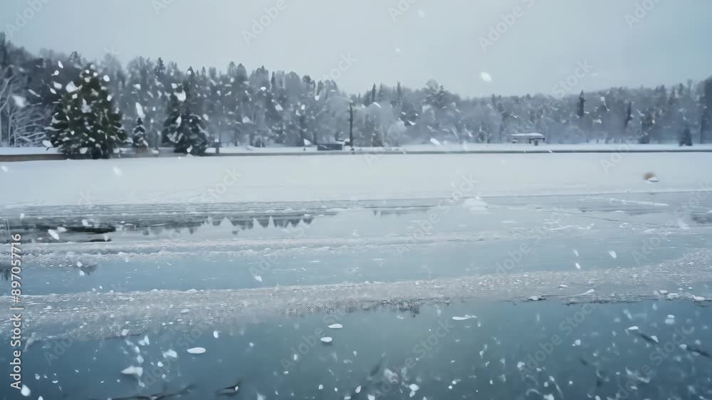 Winter Snow Falling on a Frozen Lake in a Forest Winter Snow Falling on a Frozen Lake in a Forest