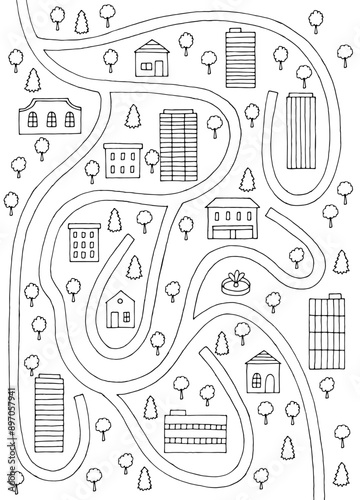 City maze graphic black white sketch aerial view illustration vertical vector 