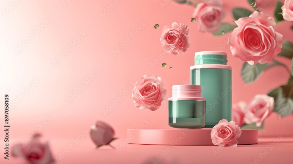 Elegant skincare bottles surrounded by pink roses in a minimalistic style. Cosmetic product containers aimed for beauty branding and promotional purposes. AI