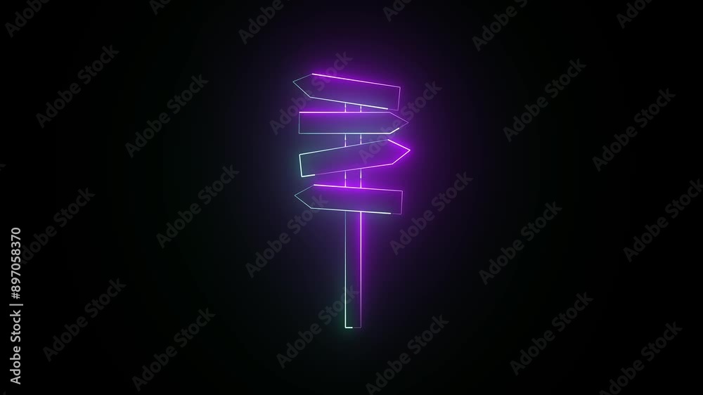 Animation of road signs isolated. Direction traffic signs boards on neon glowing stand, empty pointer post and directing signboard animation.