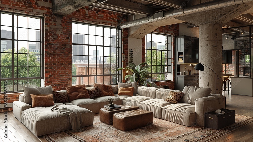 Modern loft with minimalist furniture exposed brick walls and large windows industrial style neutral tones 3D rendering Modern loft with minimalist furniture exposed brick walls and large windows industrial style neutral tones 3D rendering