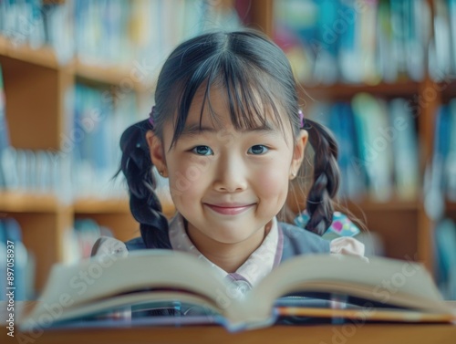 A young girl sitting in a quiet library atmosphere, engrossed in her favorite book photo