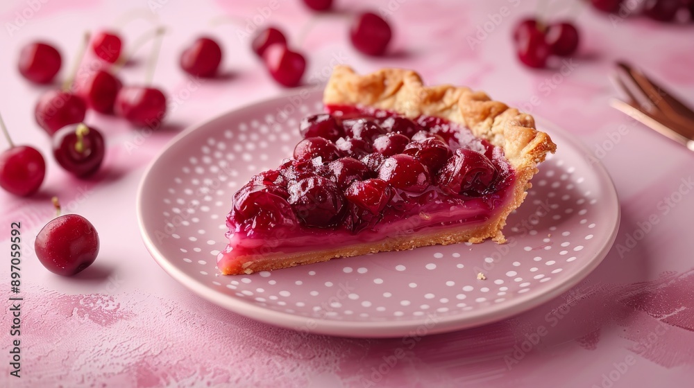 Cherry Pie Slice on Pink Polka Dot Plate with Cherries Scattered Around Cherry Pie Slice on Pink Polka Dot Plate with Cherries Scattered Around