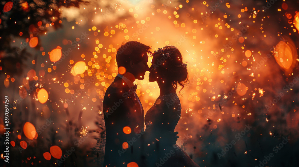 A couple sharing a tender moment under a sky full of fireworks. A couple sharing a tender moment under a sky full of fireworks.