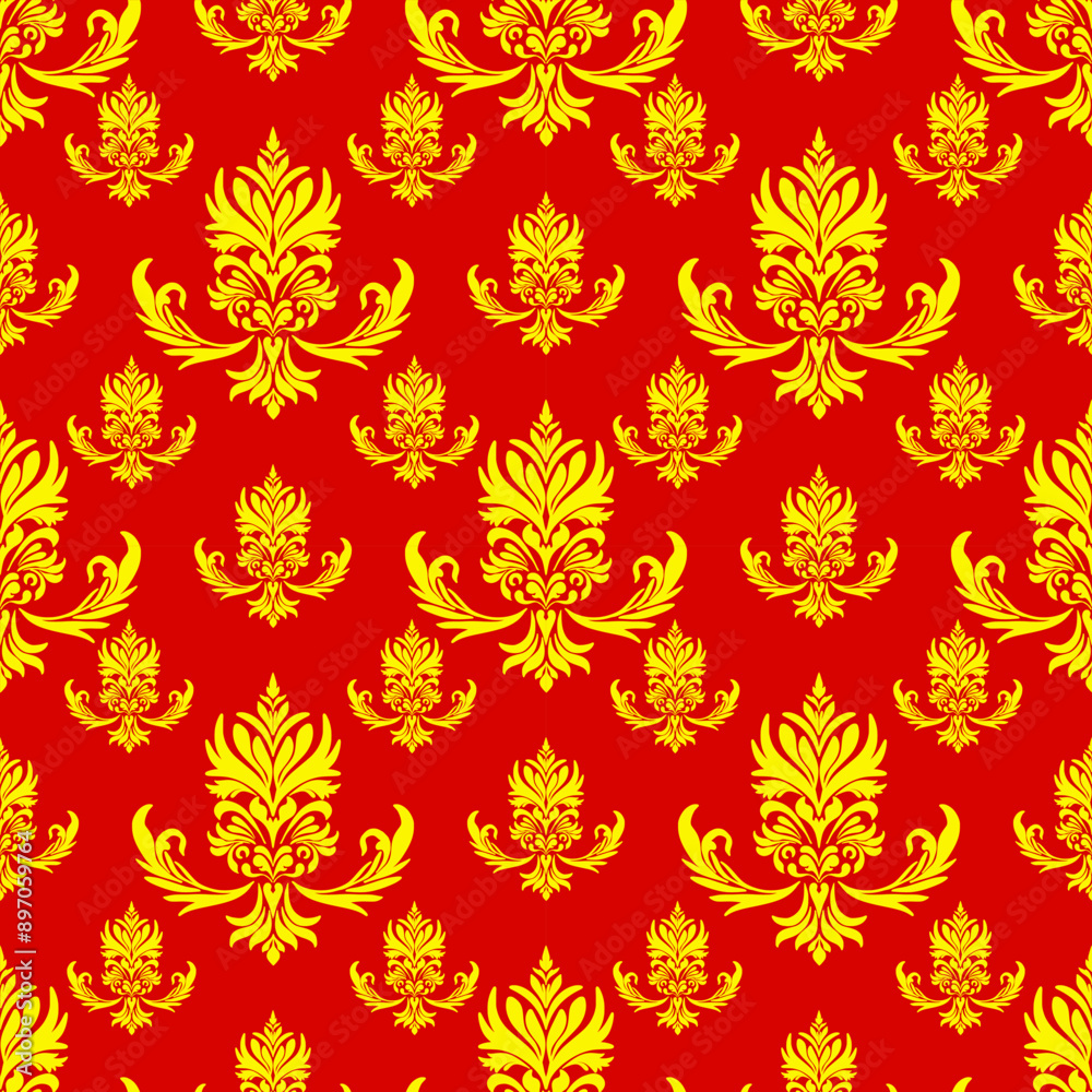 Red and gold damask vector seamless pattern. Ornate Damask flower ornament. Vector classical luxury old fashioned damask ornament, royal victorian seamless texture for wallpapers, textile, wrapping Red and gold damask vector seamless pattern. Ornate Damask flower ornament. Vector classical luxury old fashioned damask ornament, royal victorian seamless texture for wallpapers, textile, wrapping