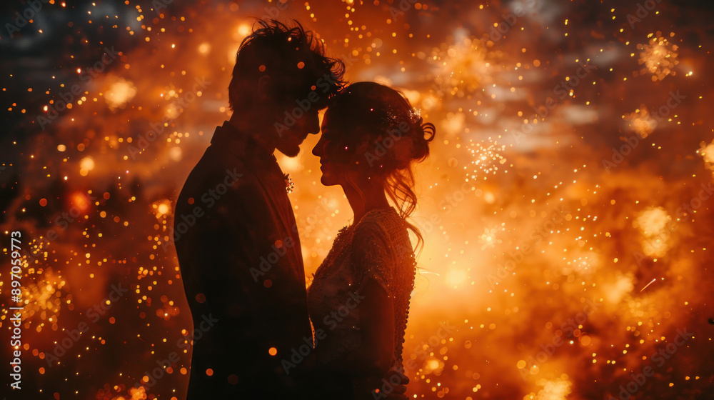 A couple sharing a tender moment under a sky full of fireworks.