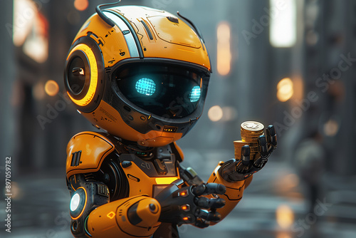 An endearing robot stands in a futuristic city, holding a stack of gold coins. The robot's design features a sleek, modern aesthetic with glowing blue eyes and intricate details. 