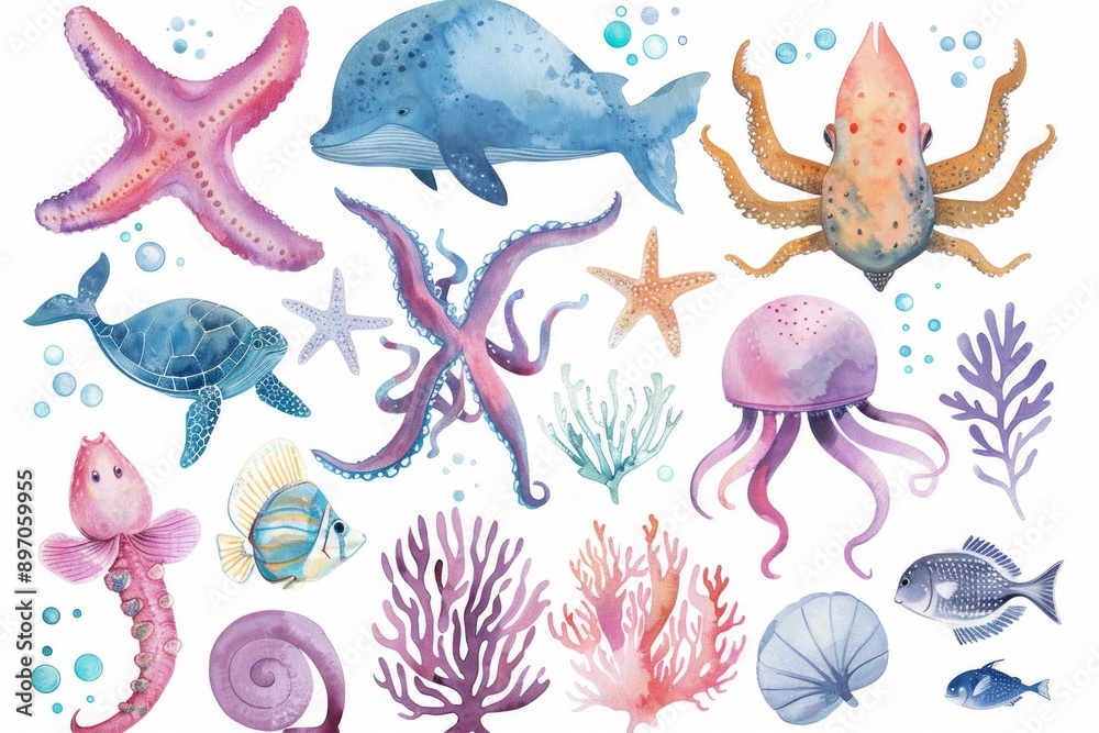 Fototapeta premium cute hand painted watercolor collage png clip art of various deep sea creatures.