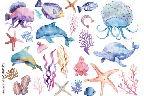 cute hand painted watercolor collage png clip art of various deep sea creatures.