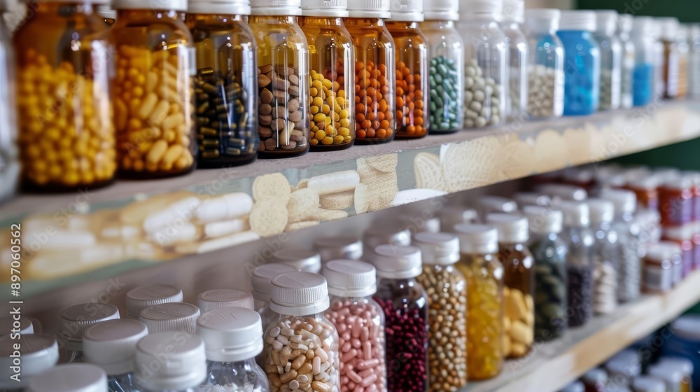 An assortment of vitamins and supplements in clear bottles arranged on a shelf An assortment of vitamins and supplements in clear bottles arranged on a shelf