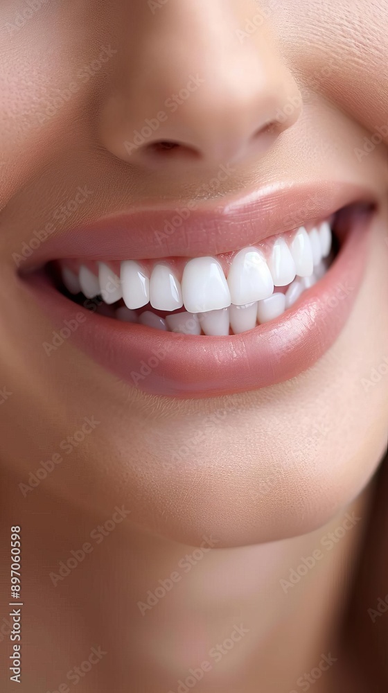 Fototapeta premium A closeup of a womans smile with perfectly white teeth, set against a soft, blurred background