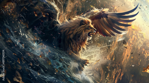 mythical flying lion coming over sea.