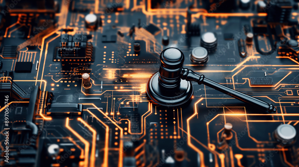 Fototapeta premium A gavel placed on a glowing circuit board, symbolizing the intersection of law and technology.
