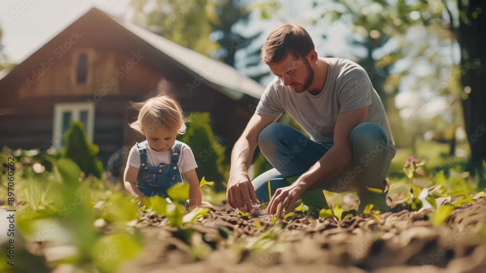 custom made wallpaper toronto digitalFather with small son working outdoors in garden, sustainable lifestyle concept.