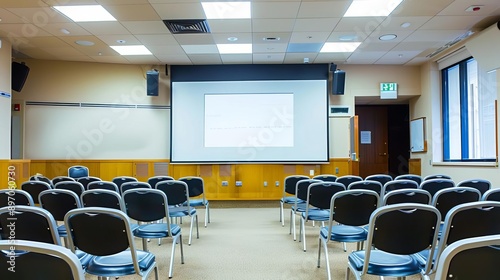 A medical conference room with a presentation screen and seating arranged for a meeting