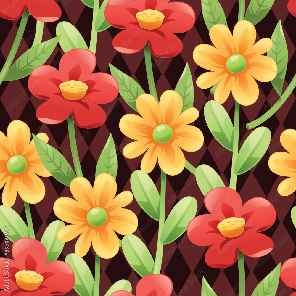 Seamless pattern of red and yellow flowers. It's a pattern that looks feminine. Pattern for fabric and wrapping paper, Pattern for design wallpaper and fashion prints. Seamless pattern of red and yellow flowers. It's a pattern that looks feminine. Pattern for fabric and wrapping paper, Pattern for design wallpaper and fashion prints.