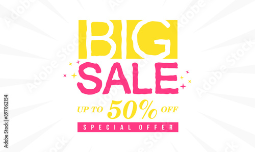 Vector banner design for mega big sales. Colorful discount sale design, special offer. Up to 50 percent off. Modern shopping poster or banner. Template design for social media and website. Flat vector