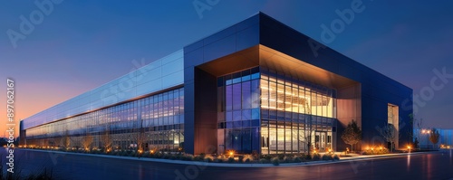 Modern Industrial Facility with Large Glass Windows and Contemporary Architectural Design at Dusk