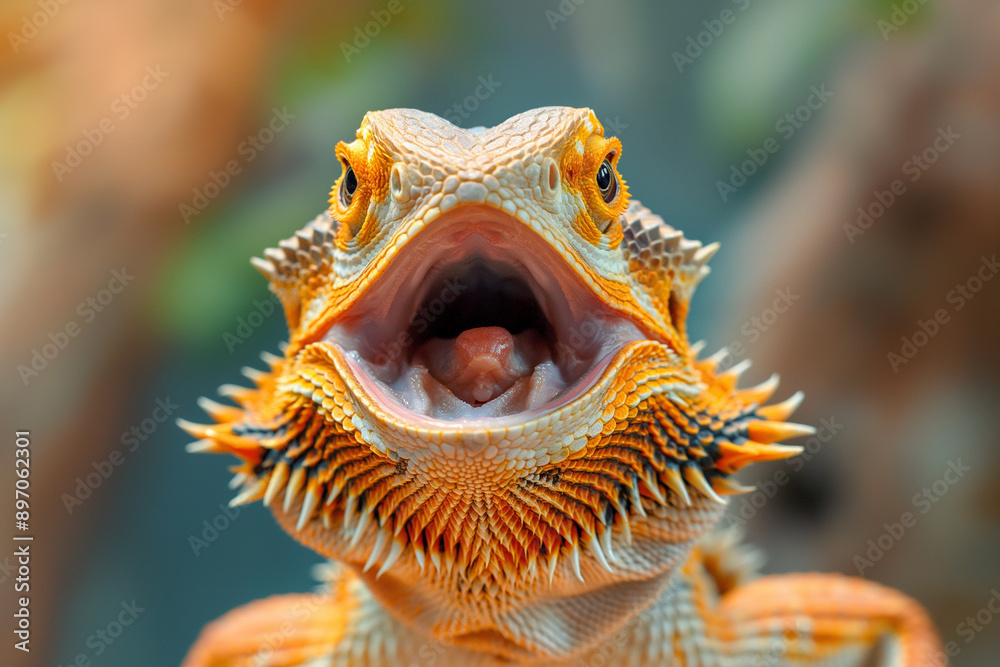 Bearded Dragon Close-up: Vibrant Lizard with Open Mouth and Spiky Beard Bearded Dragon Close-up: Vibrant Lizard with Open Mouth and Spiky Beard