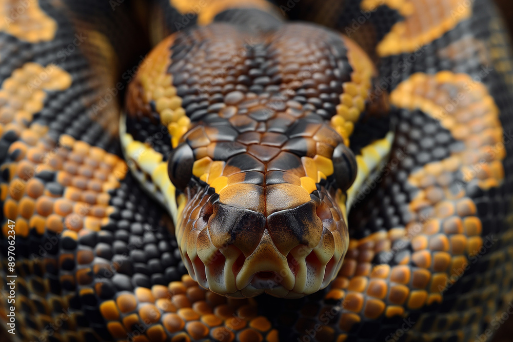 Close-up of Python Head: Intricate Scale Pattern in Black and Gold Contrast Close-up of Python Head: Intricate Scale Pattern in Black and Gold Contrast