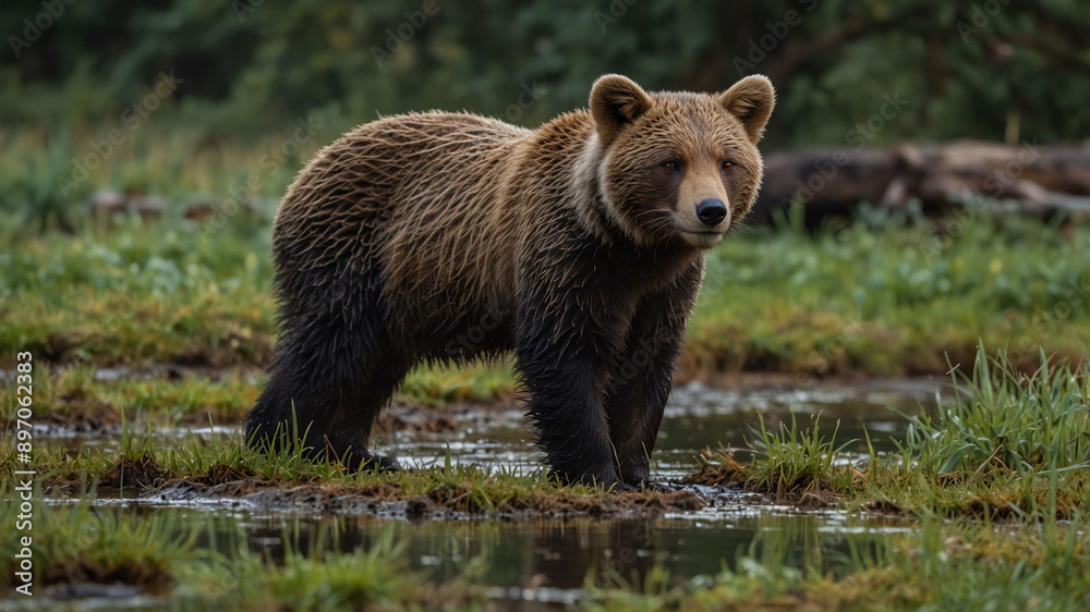 Young Brown Bear Standing in a Wetland Area, Alert and Observing Its Surroundings Young Brown Bear Standing in a Wetland Area, Alert and Observing Its Surroundings