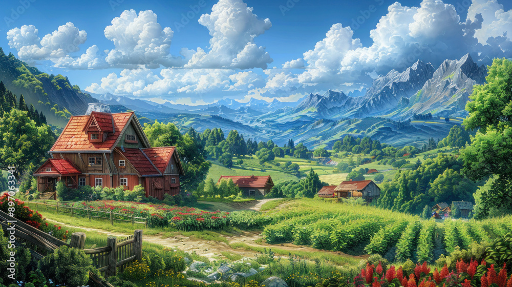A thriving farm with abundant crops in the month of August. A thriving farm with abundant crops in the month of August.