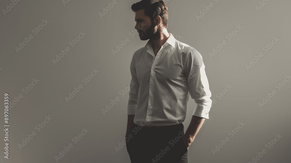 Fototapeta premium Man in white shirt and black tailored pants, minimalist fashion