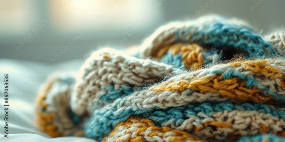 Soft-focus close-up photo of a knitted scarf in pastel colours, symbolizing warmth and affection. Knitwear and knitting concept. Soft-focus close-up photo of a knitted scarf in pastel colours, symbolizing warmth and affection. Knitwear and knitting concept.