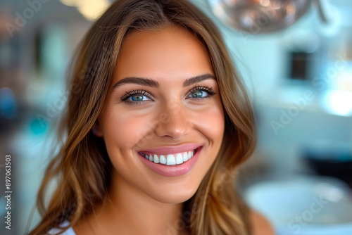 Closeup Portrait of a Smiling Woman With Long Brown Hair in an Indoor Setting, copy space for text