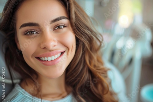 Young Woman Smiling With White Teeth in a Dental Office, copy space for text