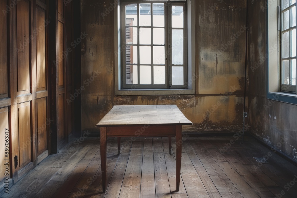 Interior of an old abandoned building with a wooden table and a window Interior of an old abandoned building with a wooden table and a window