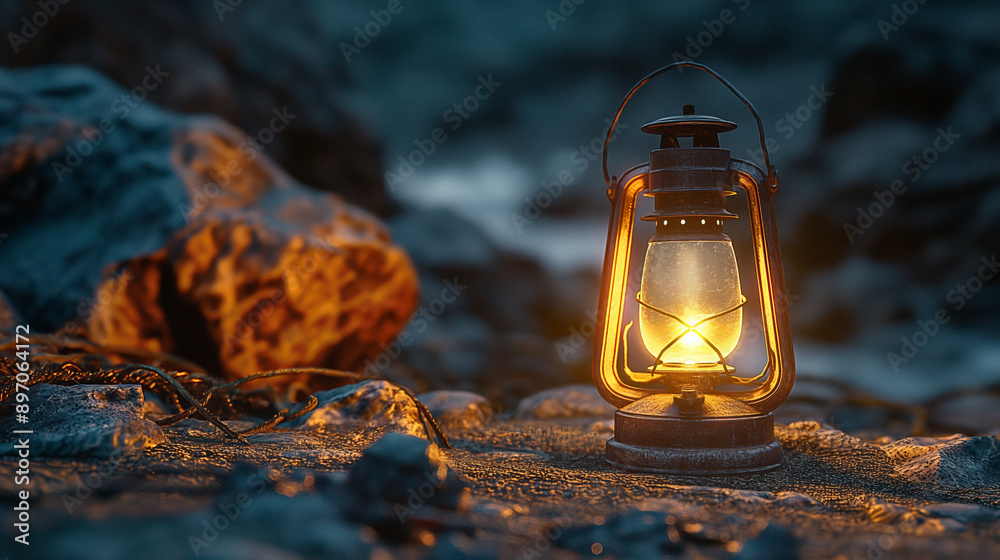 An old-fashioned lantern, illuminated with a soft glow, placed amidst a rugged terrain. The lantern is situated between two rocky formations, with one rocky surface directly behind it An old-fashioned lantern, illuminated with a soft glow, placed amidst a rugged terrain. The lantern is situated between two rocky formations, with one rocky surface directly behind it