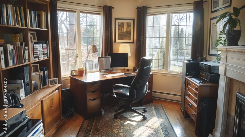 A home office desk with a large window behind it and a bookcase to the left. The desk is wooden with a black leather office chair. Sunlight streams through the window. A home office desk with a large window behind it and a bookcase to the left. The desk is wooden with a black leather office chair. Sunlight streams through the window.