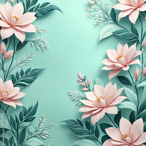 Wallpaper Mural Beautiful floral illustration featuring pink flowers and green leaves on a teal background, perfect for spring and summer themes.By Generative AI. Torontodigital.ca