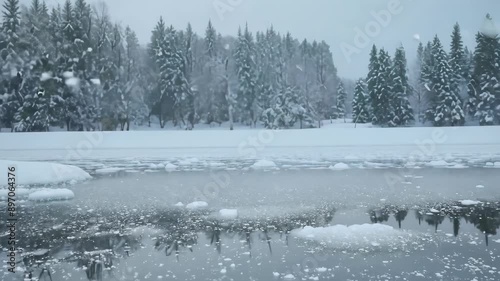 Wallpaper Mural Snowy Day on a Frozen Lake With Pine Trees in the Background Torontodigital.ca