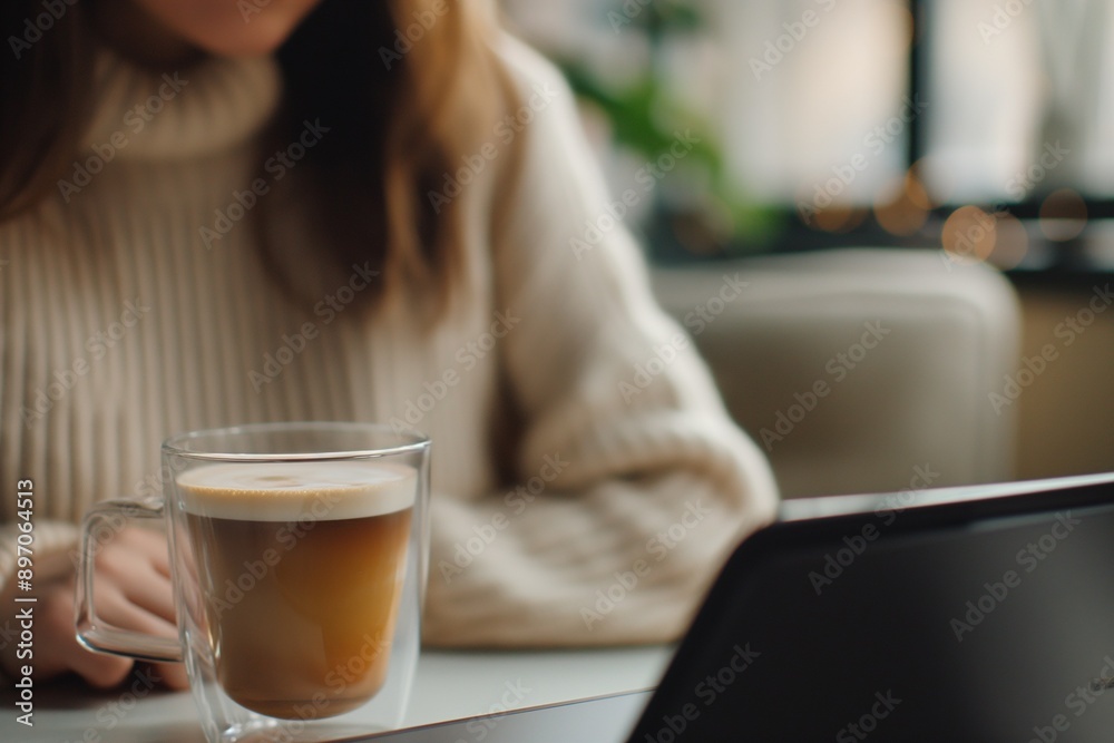 Minimal aesthetic photo of a woman in a cozy sweater with a coffee and laptop, perfect for lifestyle and cozy themes. Minimal aesthetic photo of a woman in a cozy sweater with a coffee and laptop, perfect for lifestyle and cozy themes.