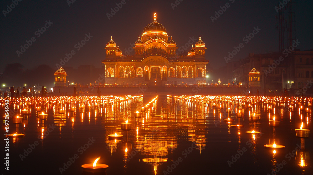 Obraz premium A mesmerizing night scene of a religious or cultural event. A prominent temple with a golden dome stands in the background, illuminated by numerous candles placed in front of it