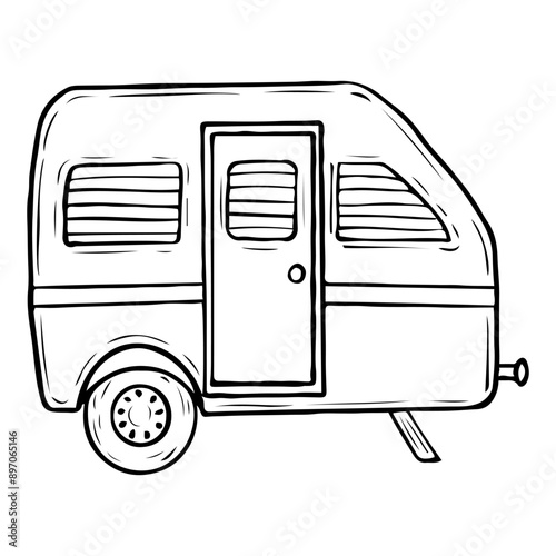 Travel trailer hand drawn in doodle style. Tourist motorhome for family holidays. Camping in nature. House on wheels. Vector line art illustration.