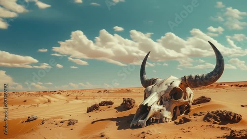 Bleached animal skull with horns on the ground of the desert sand. Arid landscape with blue sky and fluffy clouds, symbolizing harsh climate and survival. Video timelapse.