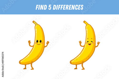 Find 5 differences between two pictures of cute banana. Cartoon banana with arms and legs. Educational logical game for children. Vector illustration