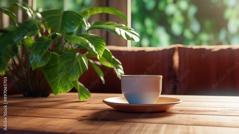 a cup of coffee sitting on top of a wooden table next to a couch and a potted plant on top of a wooden table. a cup of coffee sitting on top of a wooden table next to a couch and a potted plant on top of a wooden table.