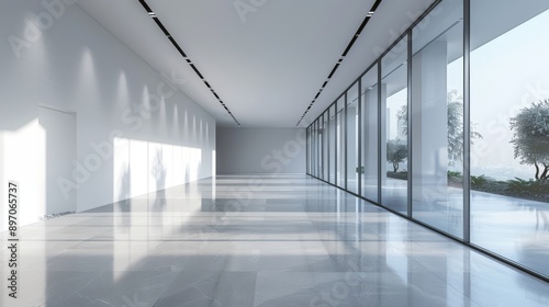 Modern Empty Office Hallway with Large Windows
