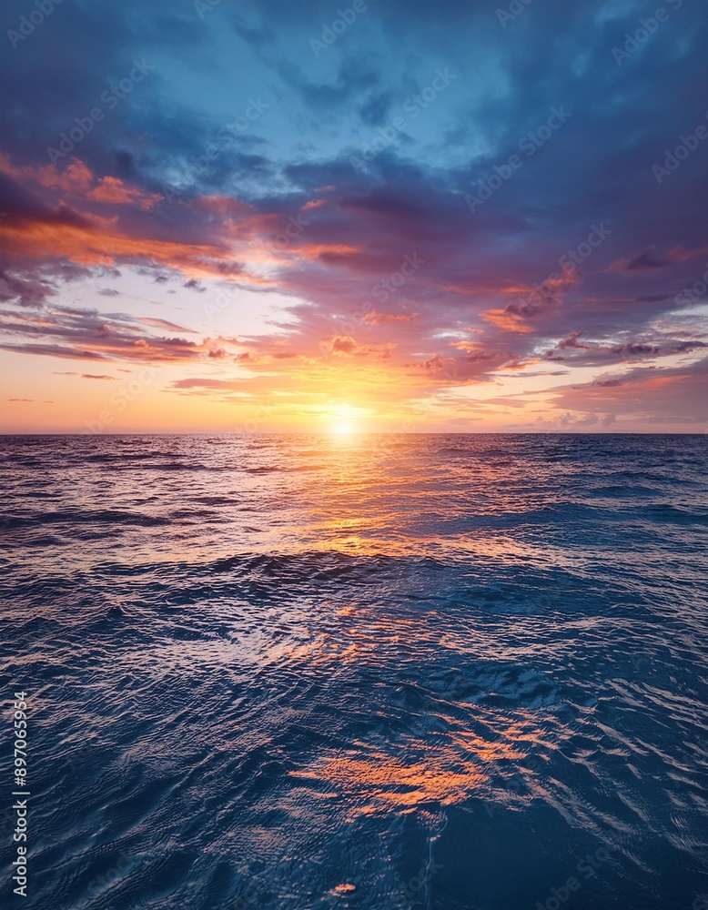 Obraz premium A vibrant and colorful ocean sunset, captured with a wide-angle lens on the water