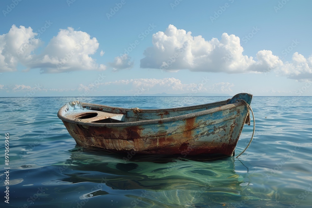 Old, weathered fishing boat sits peacefully on calm water, a symbol of tranquility and the passage of time Old, weathered fishing boat sits peacefully on calm water, a symbol of tranquility and the passage of time