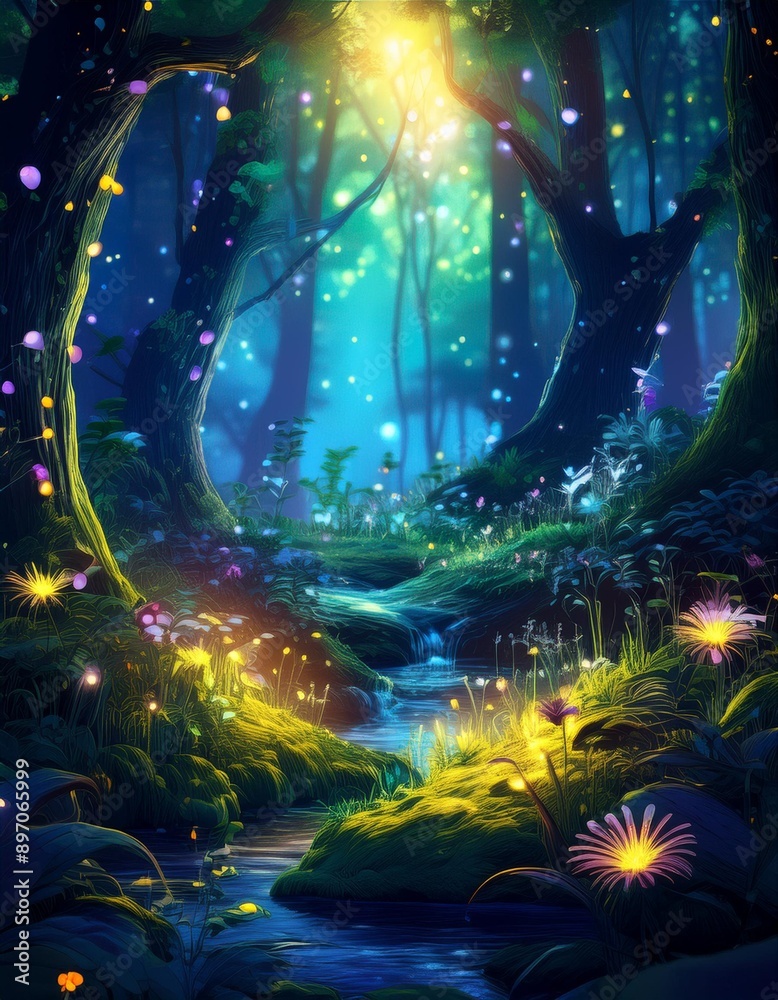 Obraz premium Mystical forest with sparkling fireflies, magical flying butterflies