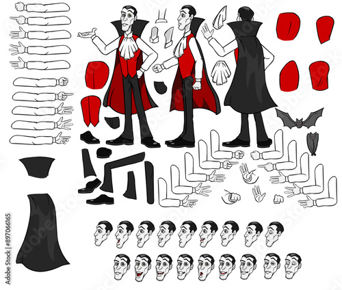 Vector Dracula man character with lip sync and eye blink, all sides rigged, Vampire