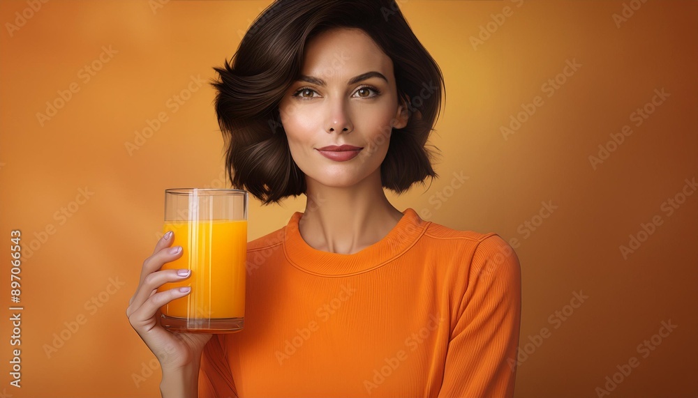 Brunette model with short hair wearing orange dress with orange juice on her hand on orange background Brunette model with short hair wearing orange dress with orange juice on her hand on orange background
