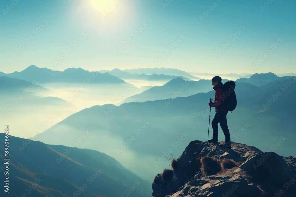 Photo of a man hiking with a backpack and standing on top of mountain and looking at beautiful view, concept of success in hiking or trekking, copy space for text. Photo of a man hiking with a backpack and standing on top of mountain and looking at beautiful view, concept of success in hiking or trekking, copy space for text.