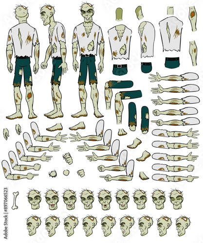 Vector zombie man character with lip sync and eye blink, all sides rigged
